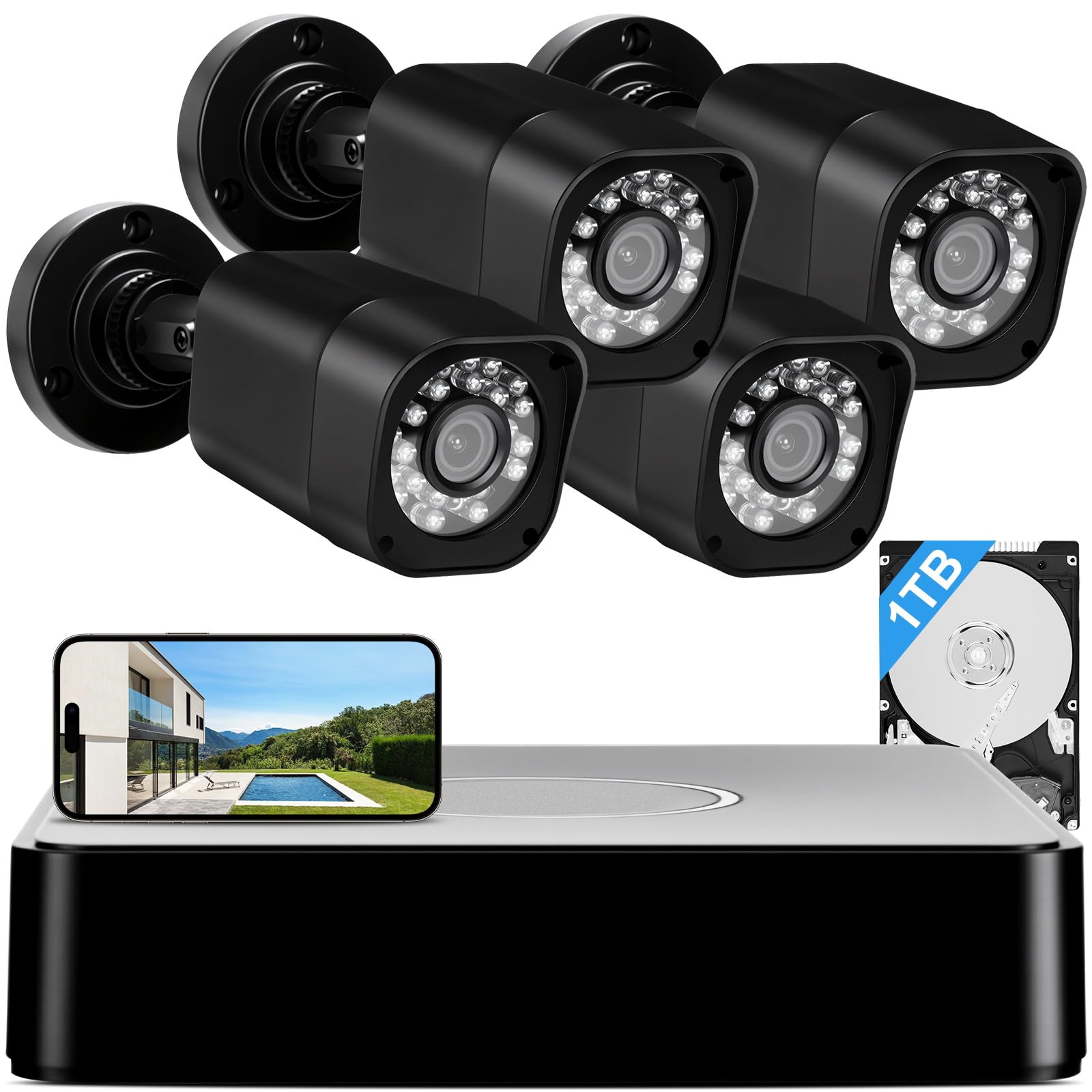 1080P Wired Security Camera System, AIWIXEN 8CH CCTV Surveillance DVR with 1TB Hard Drive, 4 x Home 5MP Wired Security Cameras Outdoor with Human