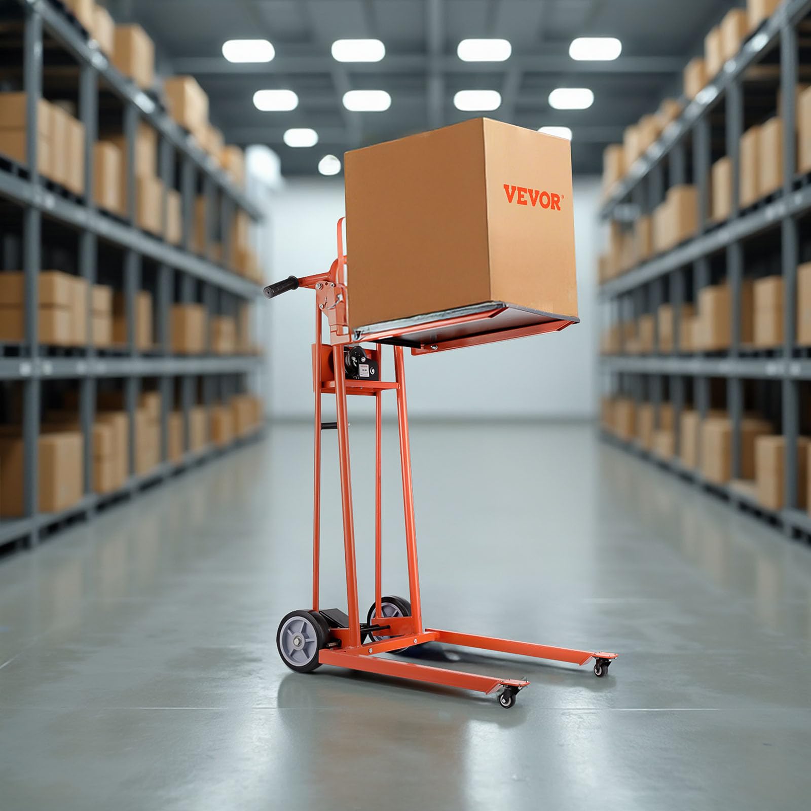 VEVOR Apilador con Cabrestante Manual de Elevación de Materiales con Ruedas Giratorias y Placa Elevadora, Plataforma Elevadora con Capacidad de 149,68 kg, Altura de Elevación Máxima de 1090 mm