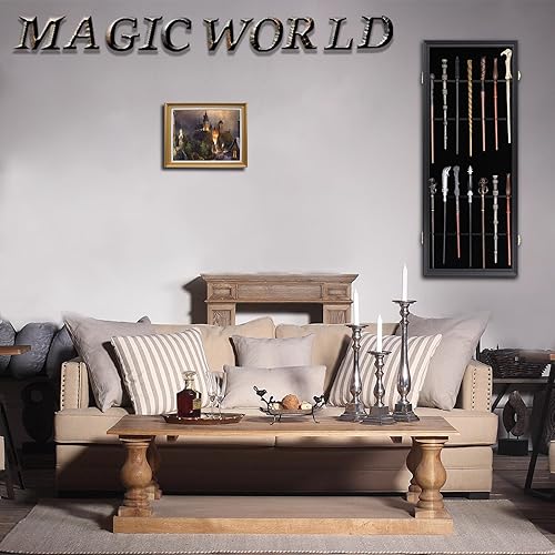 Miniatura 5 de Grhonior 14 varitas vitrina universal de mago mágico soporte de pared con cerradura de madera magiquest varita vertical soporte para la colección de