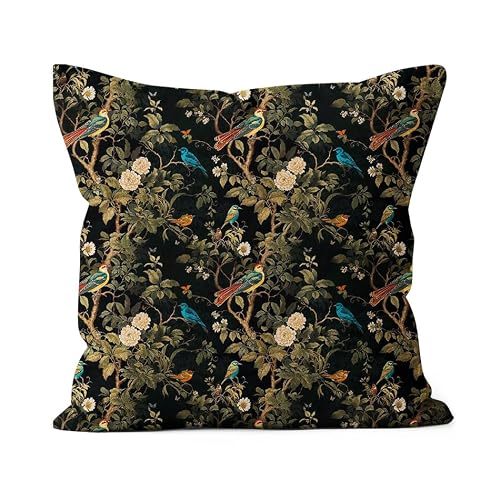 JTRYHRERE Vintage Dark Chinoiserie Floral Bird Decorative Pillow Cover 18x18 Double-Sided, Dark Academia Cottagecore Moody Flower Botanical Throw Pillow Cover Pillowcase for Home Bedroom Living Room