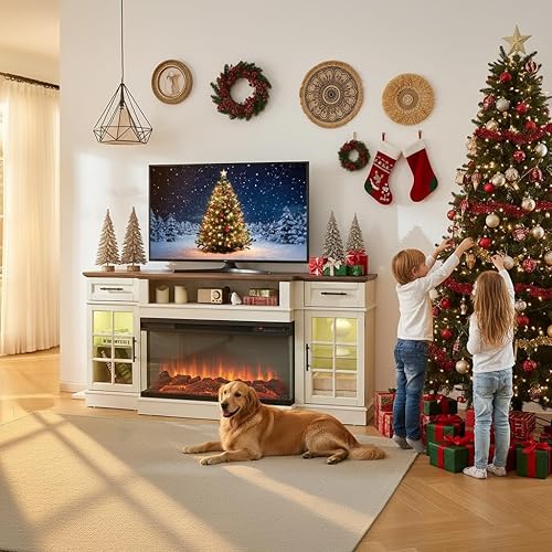 ROCKPOINT 3 Sided Glass 70" Fireplace TV Stand for TVs up to 80inch, Entertainment Center with Drawers and Glass Door Storage Cabinet,36" Electric Fireplace with LED Light and Flame Colors, White