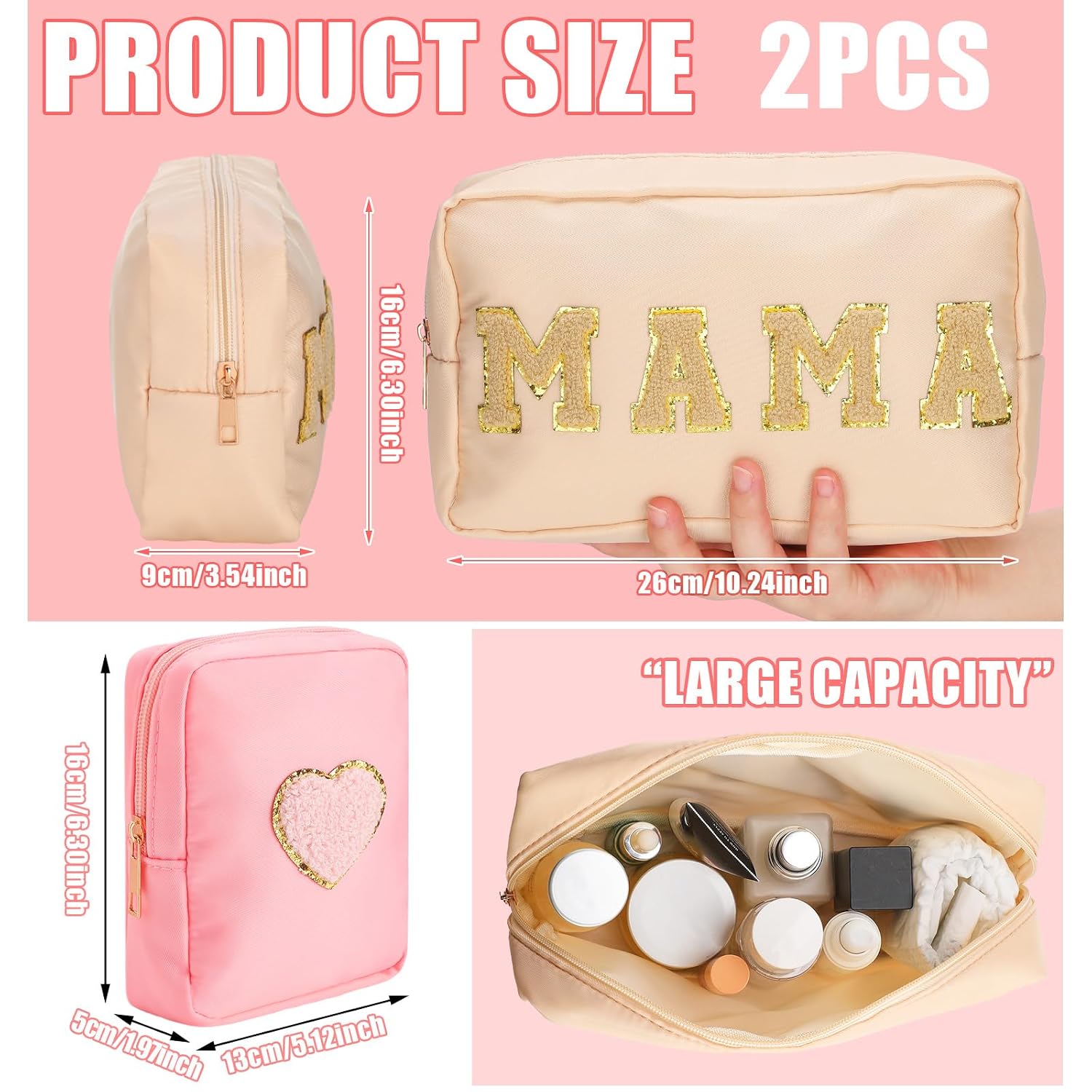 Hoolerry 2 Pcs Mama Gifts Preppy Makeup Bag Mama Chenille Letter Bag Nylon Portable Waterproof Cosmetic Bag Travel Makeup Bag with Zipper Preppy Organizer for Women Birthday Gifts Women Mother