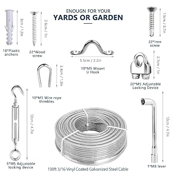 3/16 Wire Rope Kit, 100ft Vinyl Coated Galvanized Cable with M5 Turnbuckles