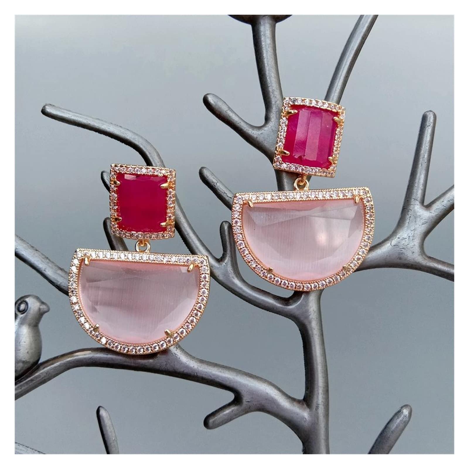 WXKAGF Joyería de Moda, Pendientes de Tuerca Fucsia rectangulares Rosas, joyería de Moda geométrica, Pendientes de Gama Alta