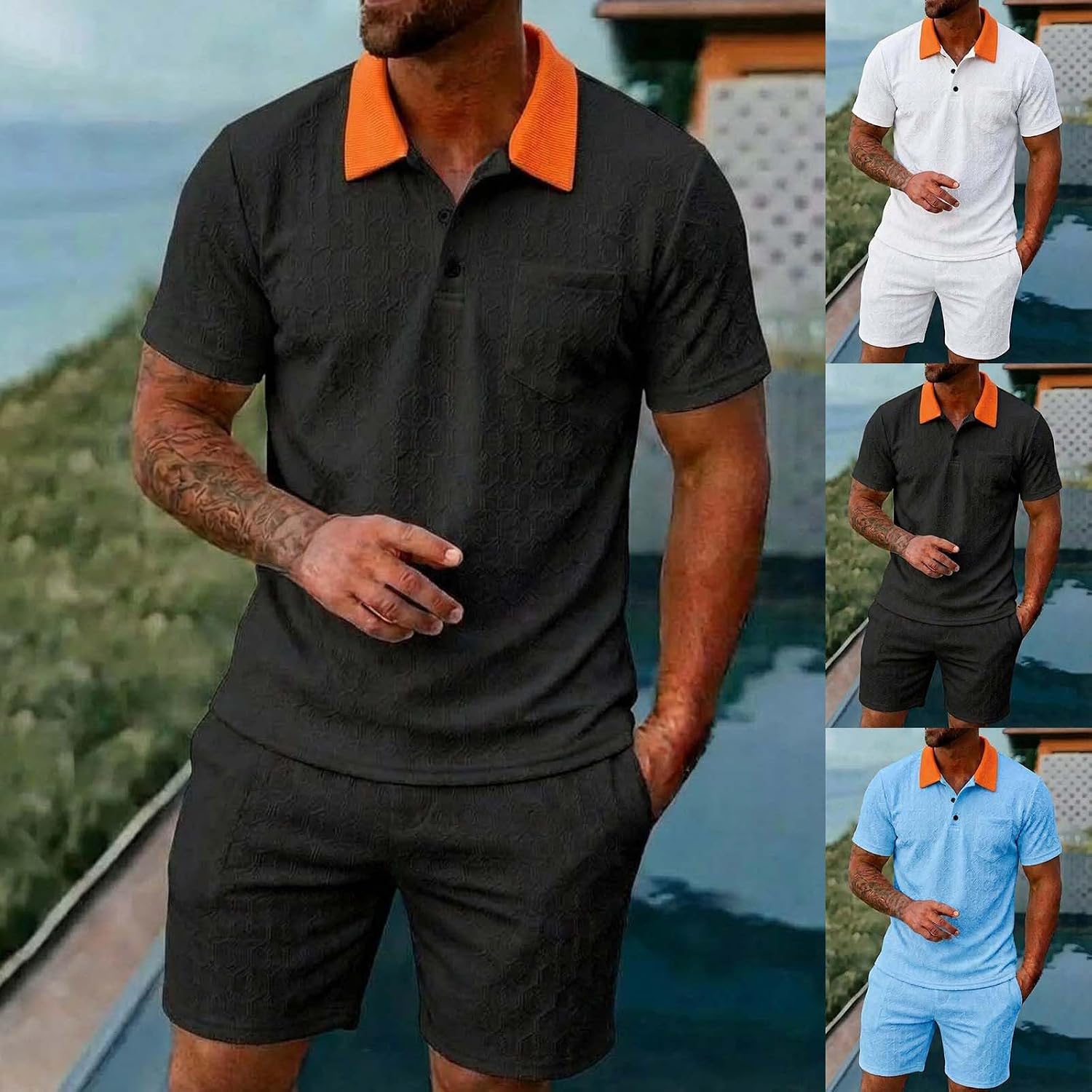 Cambkatl Men's Jacquard 2 Piece Outfits Color Block Short Sleeve Loose Collared T-Shirt & Shorts Workout Sets with Pockets
