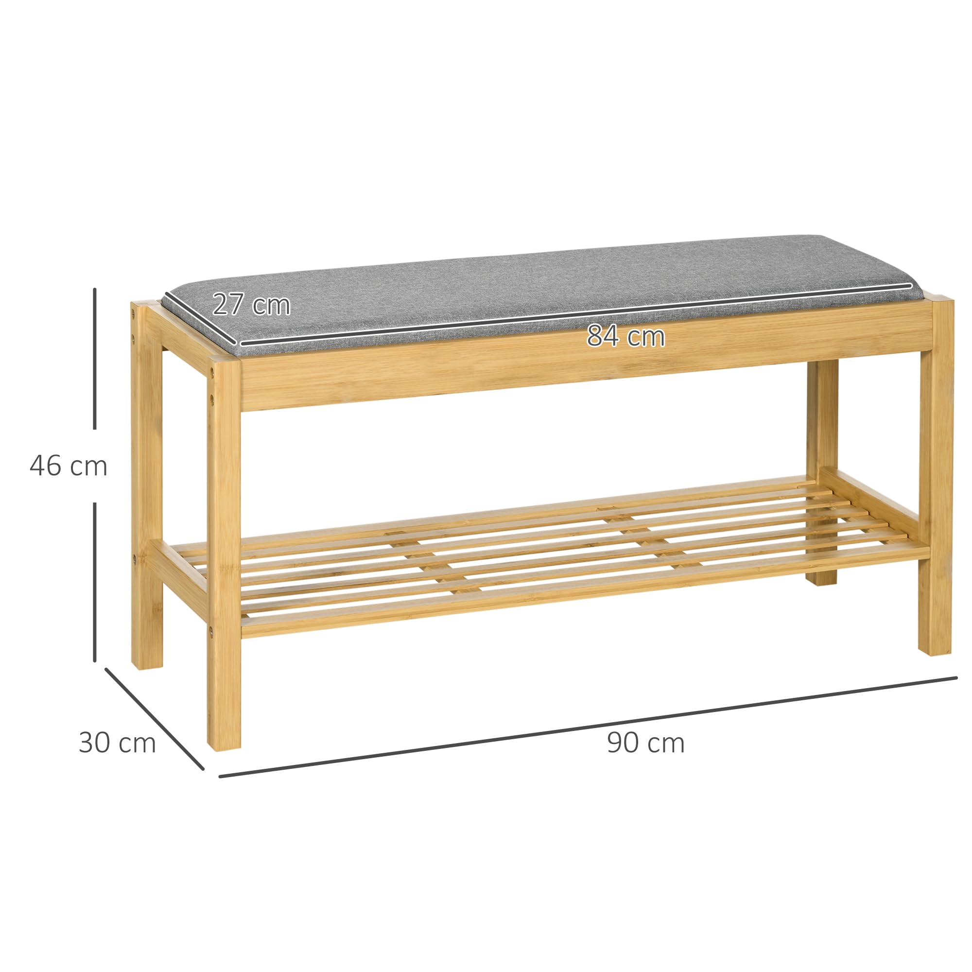 HOMCOM Banco Zapatero de Bambú con Asiento Tapizado 90x30x46 cm Natural