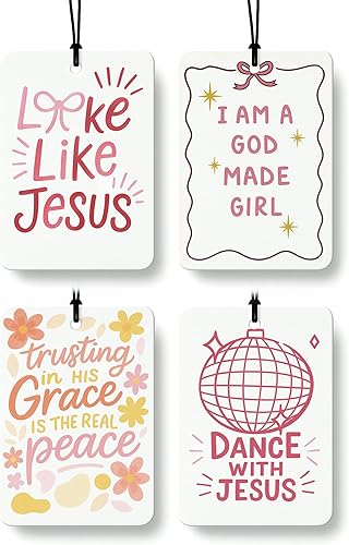 Miniatura 12 de Ambientador retro cristiano para automóvil, 4 piezas, aroma de coco, accesorios de coche de fe religiosa, decoración de espejo para mujeres, fresa,