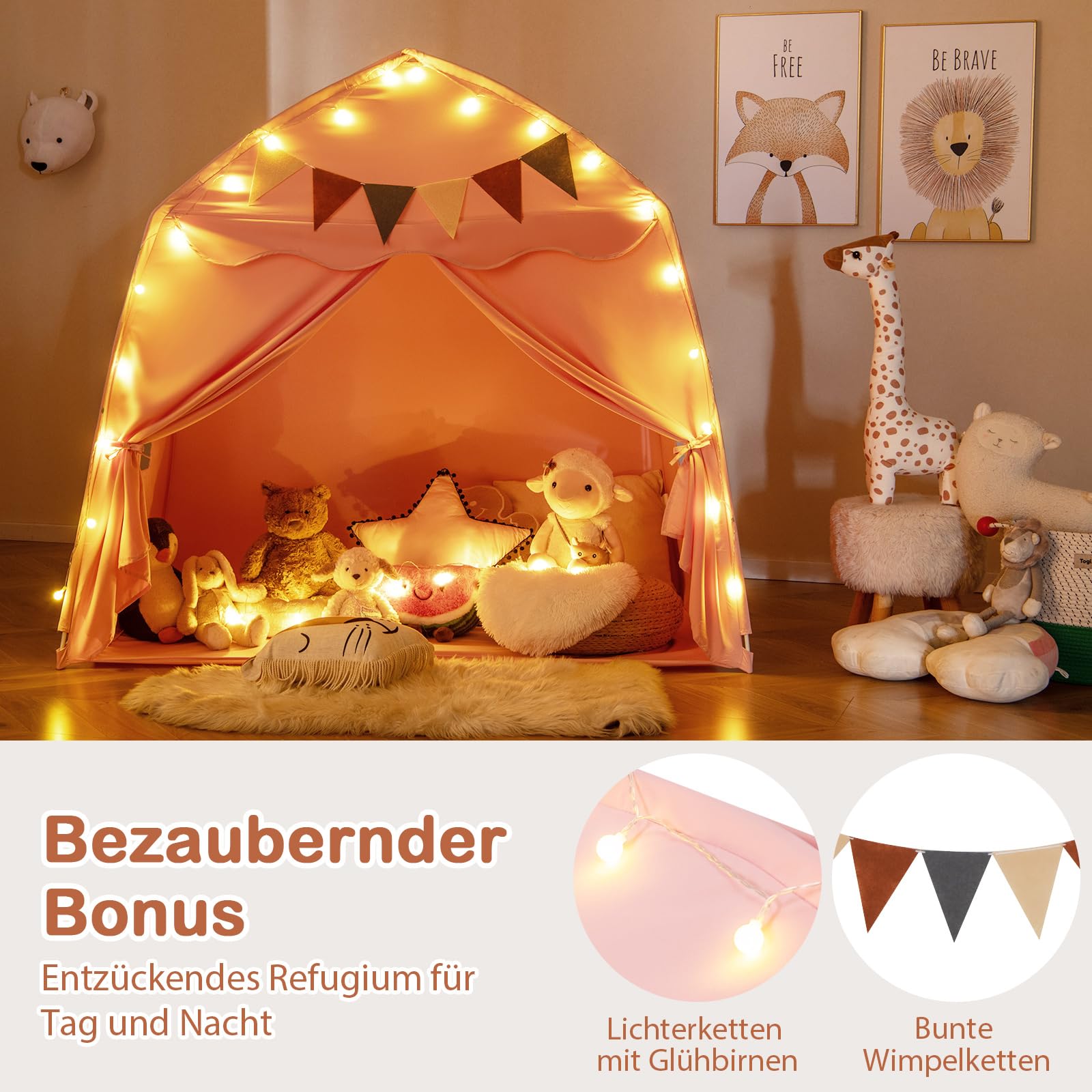 COSTWAY Spielhaus Kinder Indoor, Kinderzelt mit Flaggen & Lichterketten, Prinzessin Spielzelt, Großes Zelt Kinderzimmer für Jungen und Mädchen ab 3 Jahren, 157 x 98 x 148 cm (Rosa)