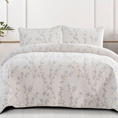 Exclusivo Mezcla Reversible Boho Quilts Queen Size, White Soft Bedspreads Lightweight Coverlet All Season Flowers Quilt Bedding Set with Printed Floral Pattern (1 Quilt, 2 Pillow Shams)