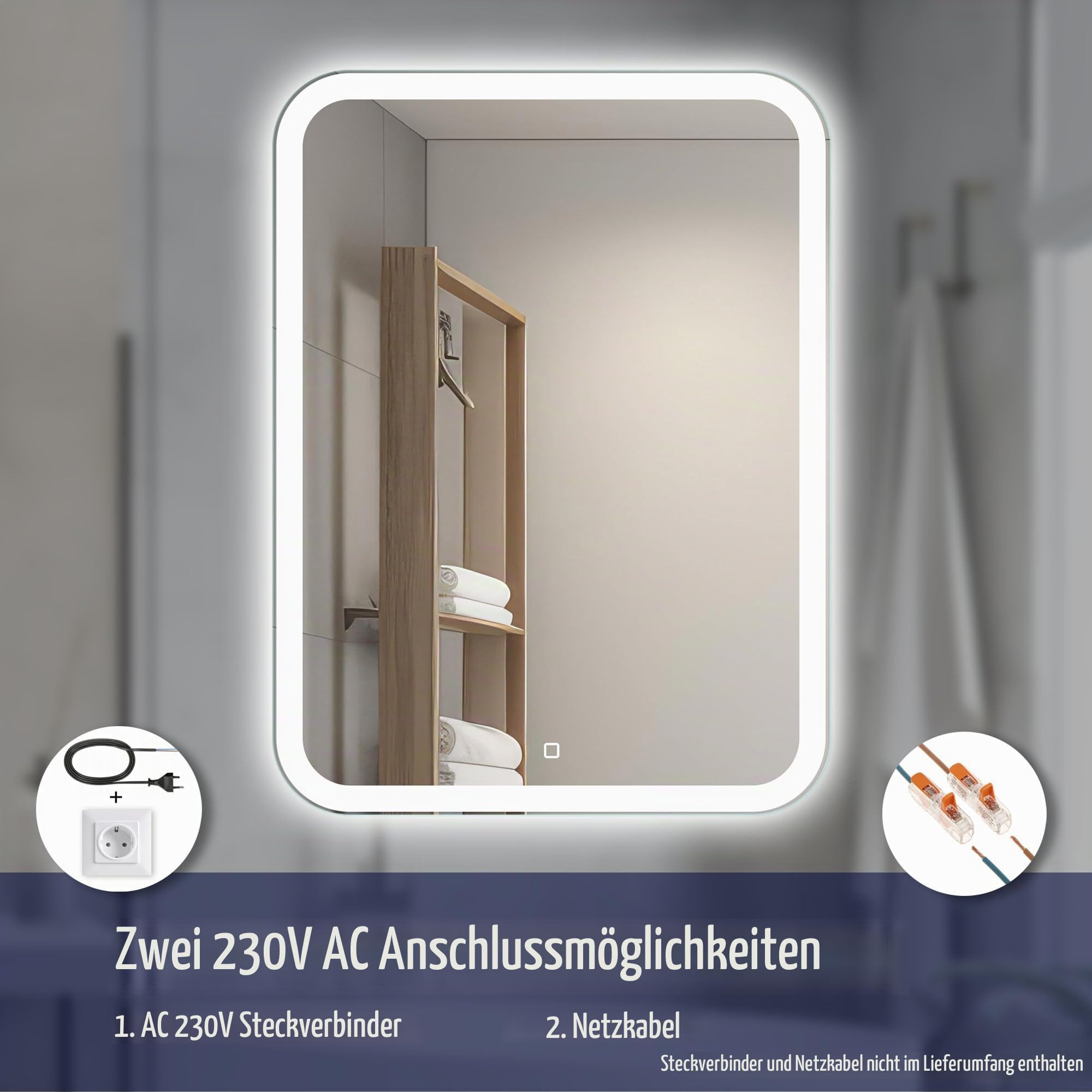 Rechteckiger LED Badspiegel 60 × 80 cm, Frontbeleuchtung | Badezimmerspiegel mit Beleuchtung, LED Wandspiegel, Touchschalter, Dimmbar, Neutralweißes Licht, Abgerundete Ecken