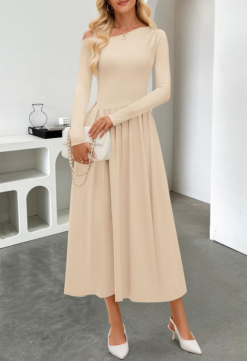 MEROKEETY Women's Fall Long Sleeve Wedding Guest Dresses 2025 One Shoulder Elegant Formal Pleated Midi Maxi Dress - Image 6