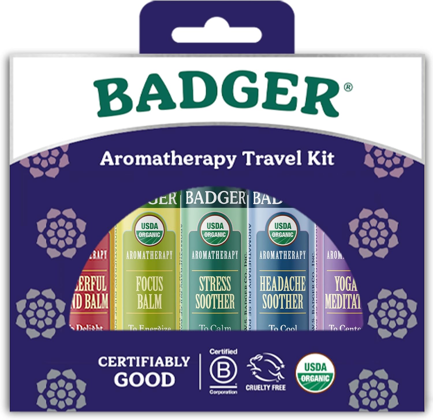 Badger Aromatherapy Travel Set, Organic Essential Oil Balm Variety Pack, Aromatherapy Gift Set, 1 Cheerful Mind, 1 Stress Soother, 1 Focus Balm, 1 Headache Soother, 1 Yoga & Meditation Balm, 5-Pack