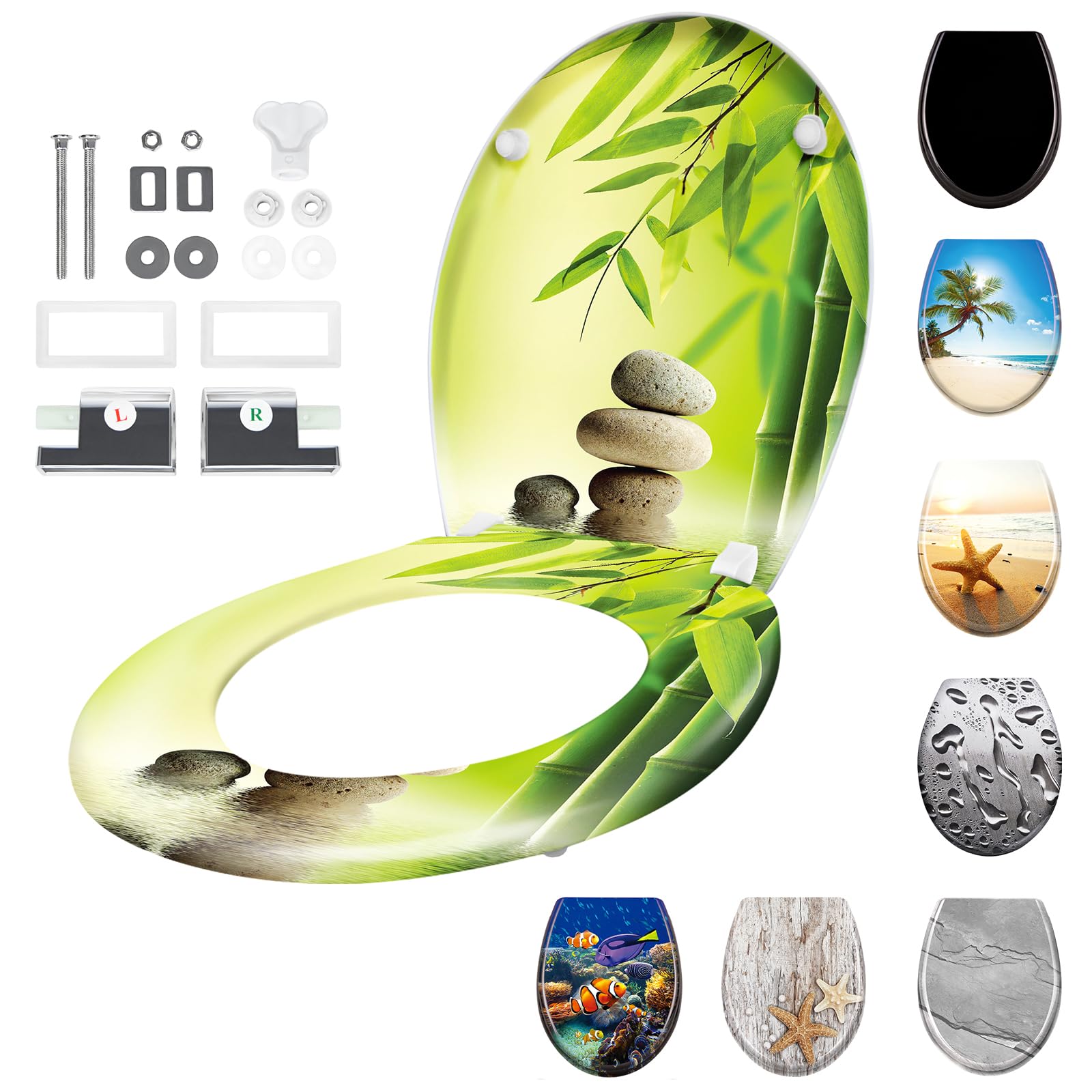 SAILUN Toilet Seat with Soft Close Feature, Quick Release for Easy Clean, O Shape Universal Size with Adjustable Hinges, Toilet Lid Hard Plastic Antibacterial, Green Bamboo — image 1
