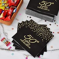 Vista 4 de Gatherfun 50th Birthday Napkin Disposable Paper Napkins Black and Gold Party Decorations Tableware for Men Woman 50 Birthday Party（6.5X6.5in, 3-Ply