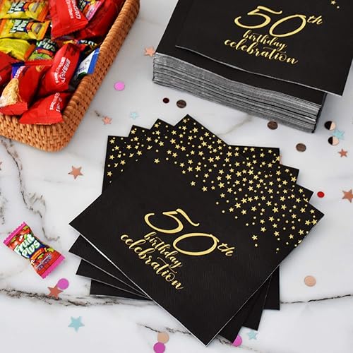 Miniatura 4 de Gatherfun 50th Birthday Napkin Disposable Paper Napkins Black and Gold Party Decorations Tableware for Men Woman 50 Birthday Party（6.5X6.5in, 3-Ply