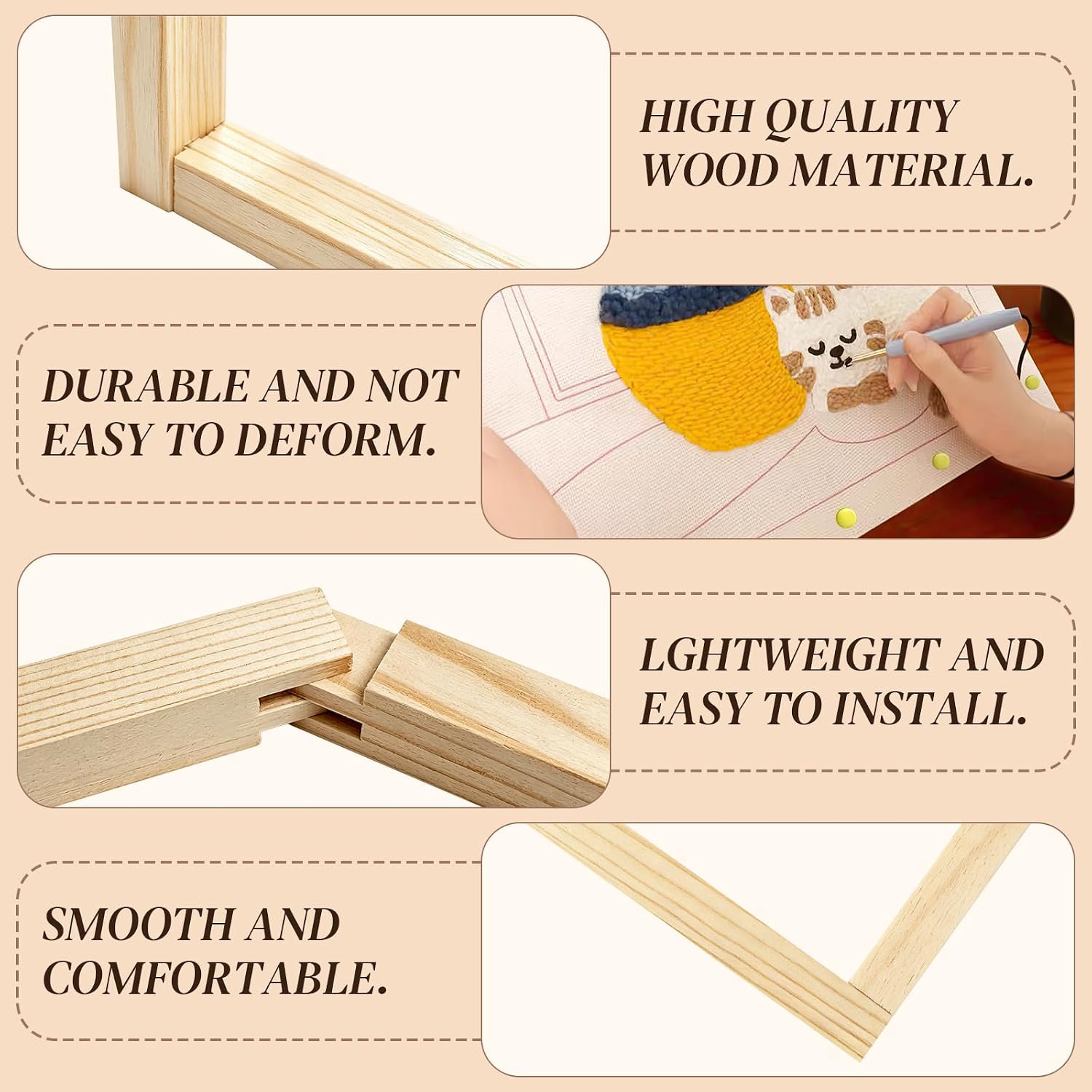 12Pcs Wooden Needlepoint Stretcher Bars Kit with 100 Thumb Tacks & Hanging Tool, 3 Sizes 8/12/16 Inch Adjustable Canvas Stretcher Frame, Suitable for Embroidery, Cross Stitch & All Needlework Crafts