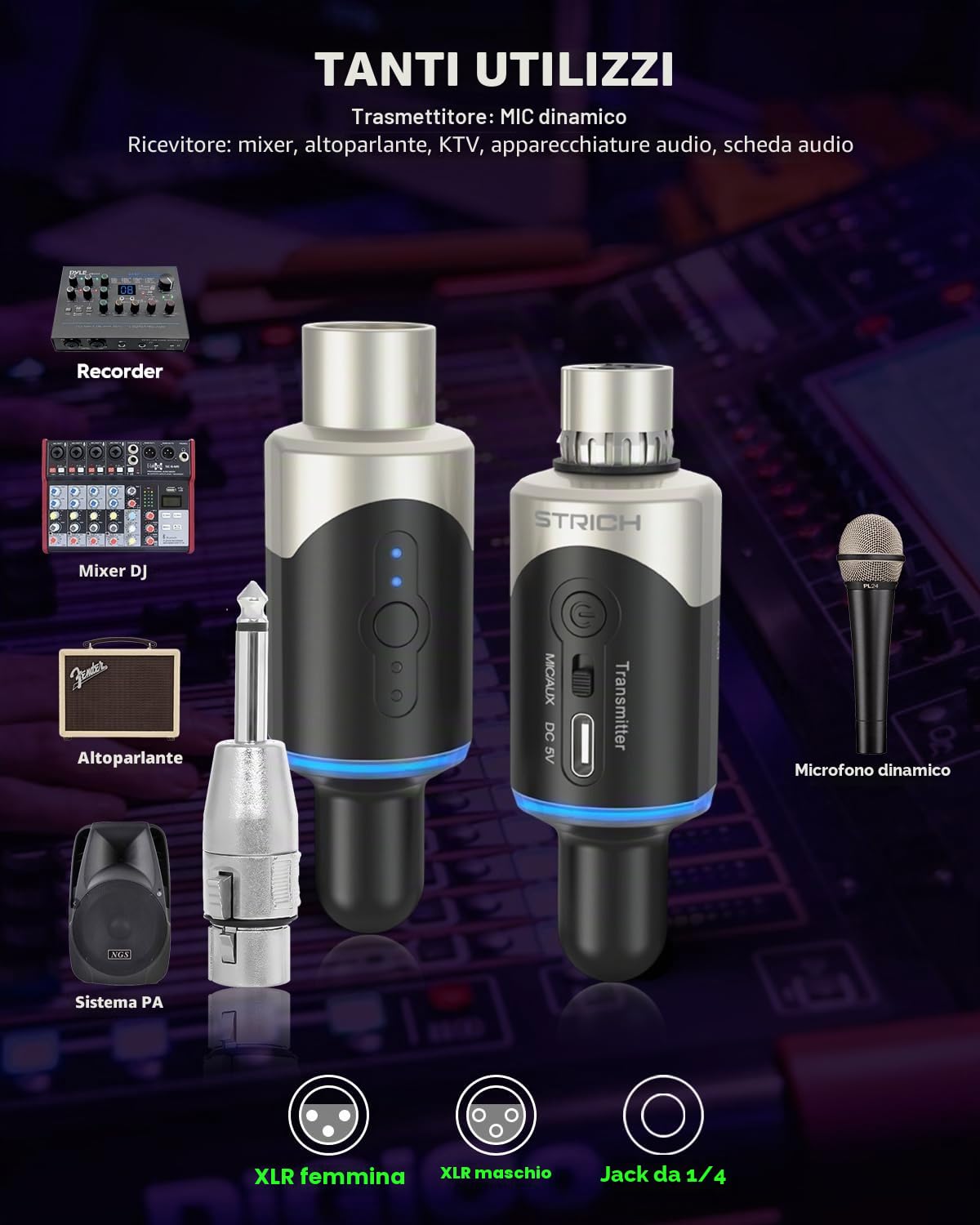 STRICH M5 Sistema Microfonico Wireless UHF XLR, Trasmettitore & Ricevitore 4 Canali per Microfono Dinamico, Raggio 61m, Latenza ＜1ms, Compatibile con Mixer Audio/Lautspeaker PA