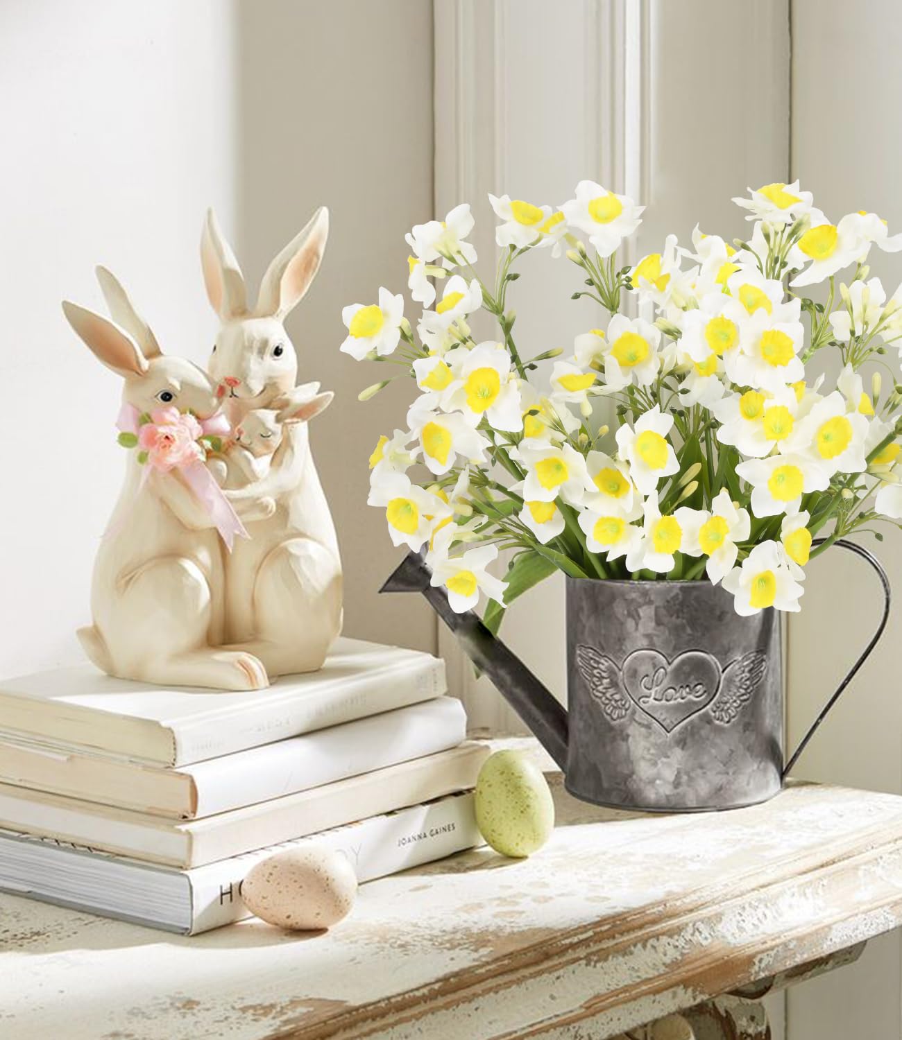 Künstliche Narzissen, weiße Blumen, 6 Bündel, Narzissen, Frühlings-Seidenblumen für Heimdekoration, Innenbereich, 40 cm, weiße Osterblumen für Frühlingsdekorationen für Zuhause