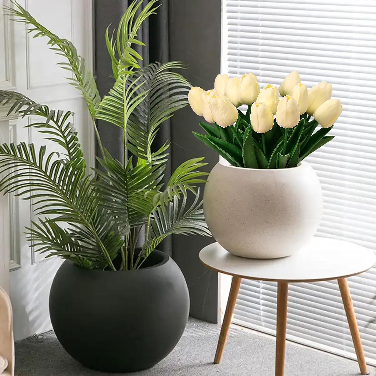 20PCS Realistic Faux Tulips with Bulbs Pink & White Artificial Flowers Bundle for Indoor Outdoor Office, Wedding Easter/Mothers Day Decor, Farmhouse Kitchen Table Centerpiece (Off White)