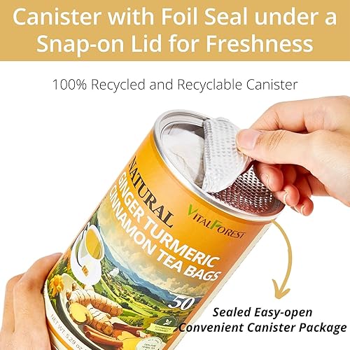 Miniatura 3 de 50 bolsas de té de cúrcuma, jengibre y canela de alta calidad, bolsas de té de jengibre natural VitalForest  Té de cúrcuma pura  Té de hierbas de