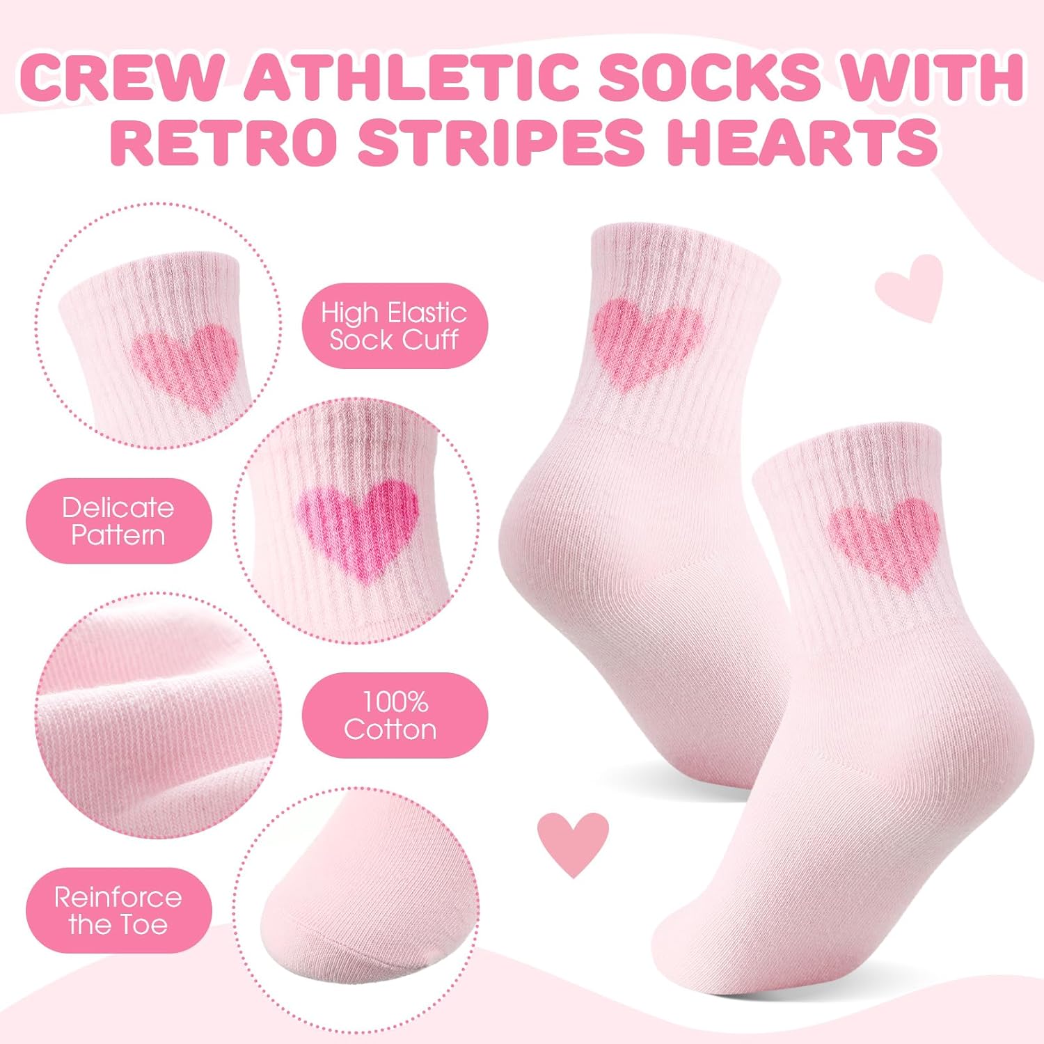 Shihanee 6 Pairs Socks for Girls Kids Pink Crew Athletic Socks with Stripes Heart 4-12 Years Old Cotton Girls Crew Sock - Image 2