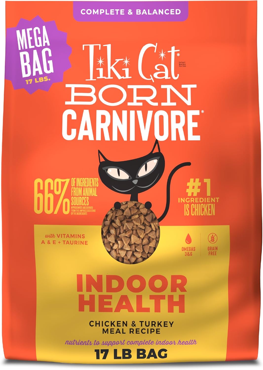 Tiki Cat Born Carnivore Indoor Health Dry Cat Food, Chicken & Turkey Meal, 17 lbs Mega Bag