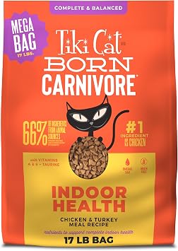 Tiki Cat Born Carnivore Indoor Health Chicken & Turkey Meal, Dry Cat Food for Adult Cats, 17 lbs. Mega Bag