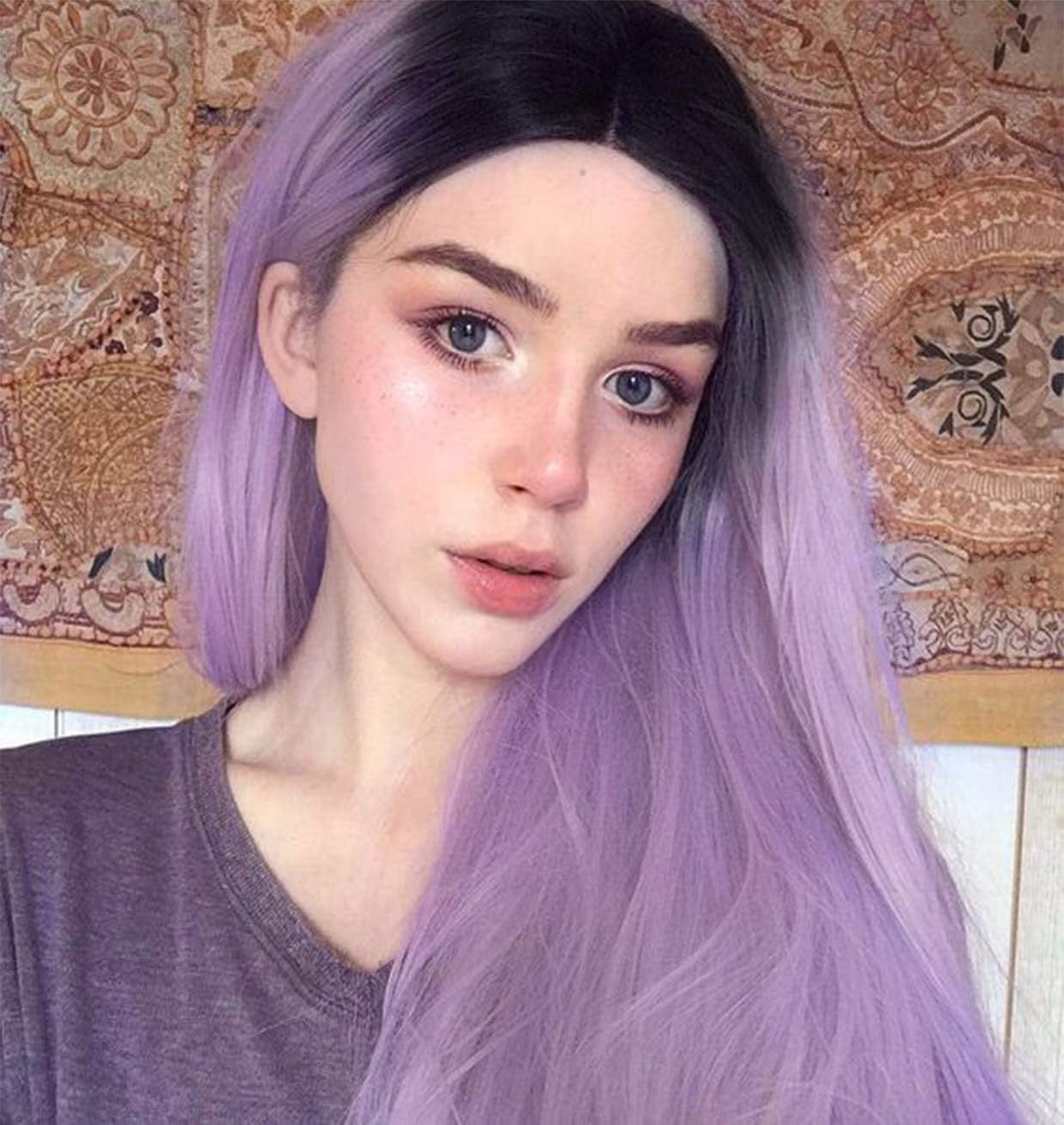 VEBONNY Ombre Black Light Purple Hair Wigs for Women Syntyhetic Hair Purple Lace Front Wig Long Hair Lilac Wigs 24 inches Middle Part VEBONNY-062
