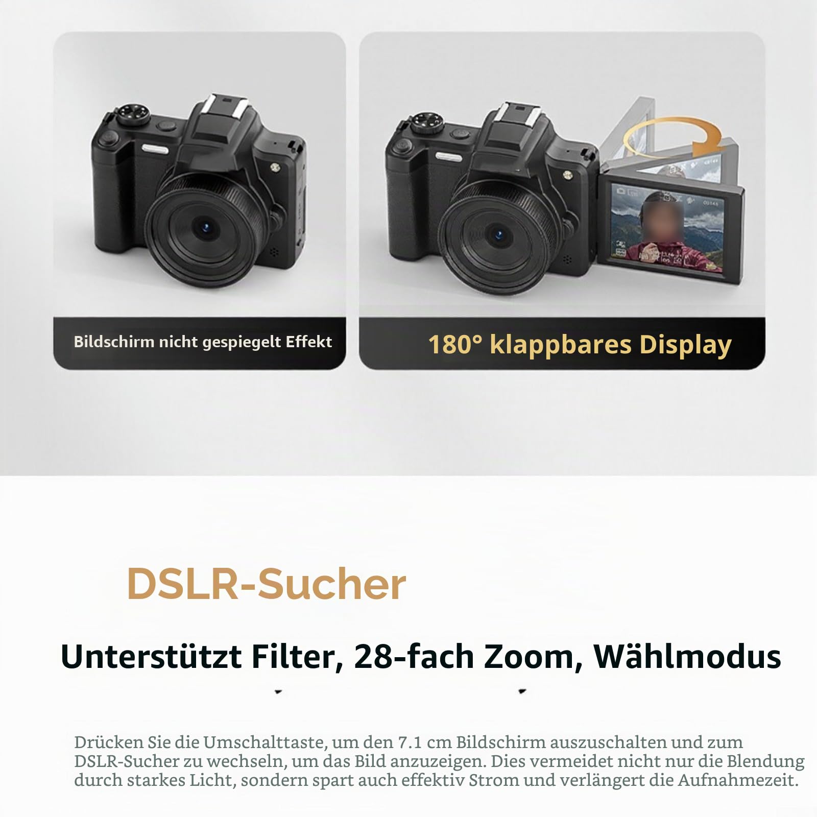 Digitalkamera 68MP mit 2,8-Zoll-Klappbildschirm und Sucher, 4K HD mit Beauty-Modus für Vlogging und Selfies, kompaktes tragbares Design für unterwegs, Schwarz