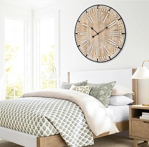 Miniatura 5 de Reloj de pared grande de 30 pulgadas, reloj de pared extragrande de madera y metal, silencioso y funciona con pilas para decoración de sala de