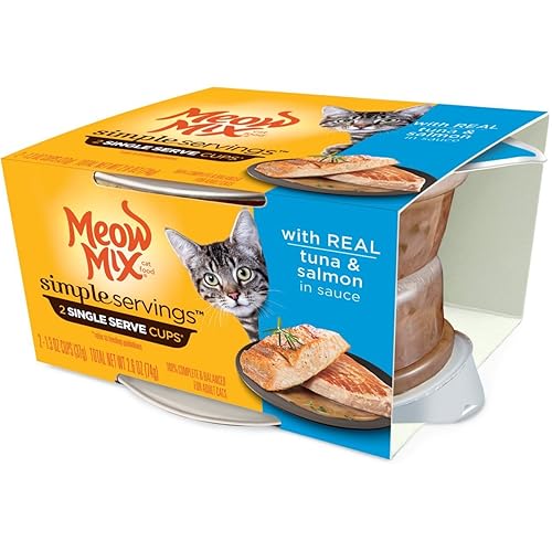 Meow Mix Simple porciones 2 tazas de servir individuales con atún real y salmón en salsa 4 paquetes con 2 porciones individuales Total 8 porciones