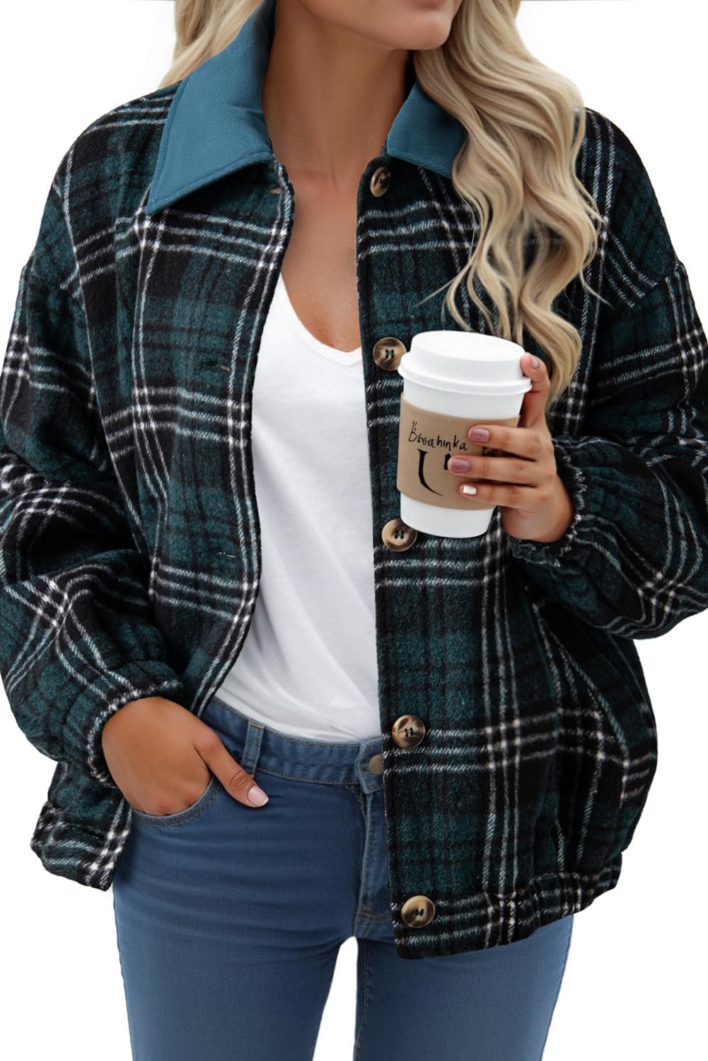 Dokotoo Womens Flannel Plaid Shacket Jackets Corduroy Collar Long Sleeve Button Down Fleece Jackets Warm Coat