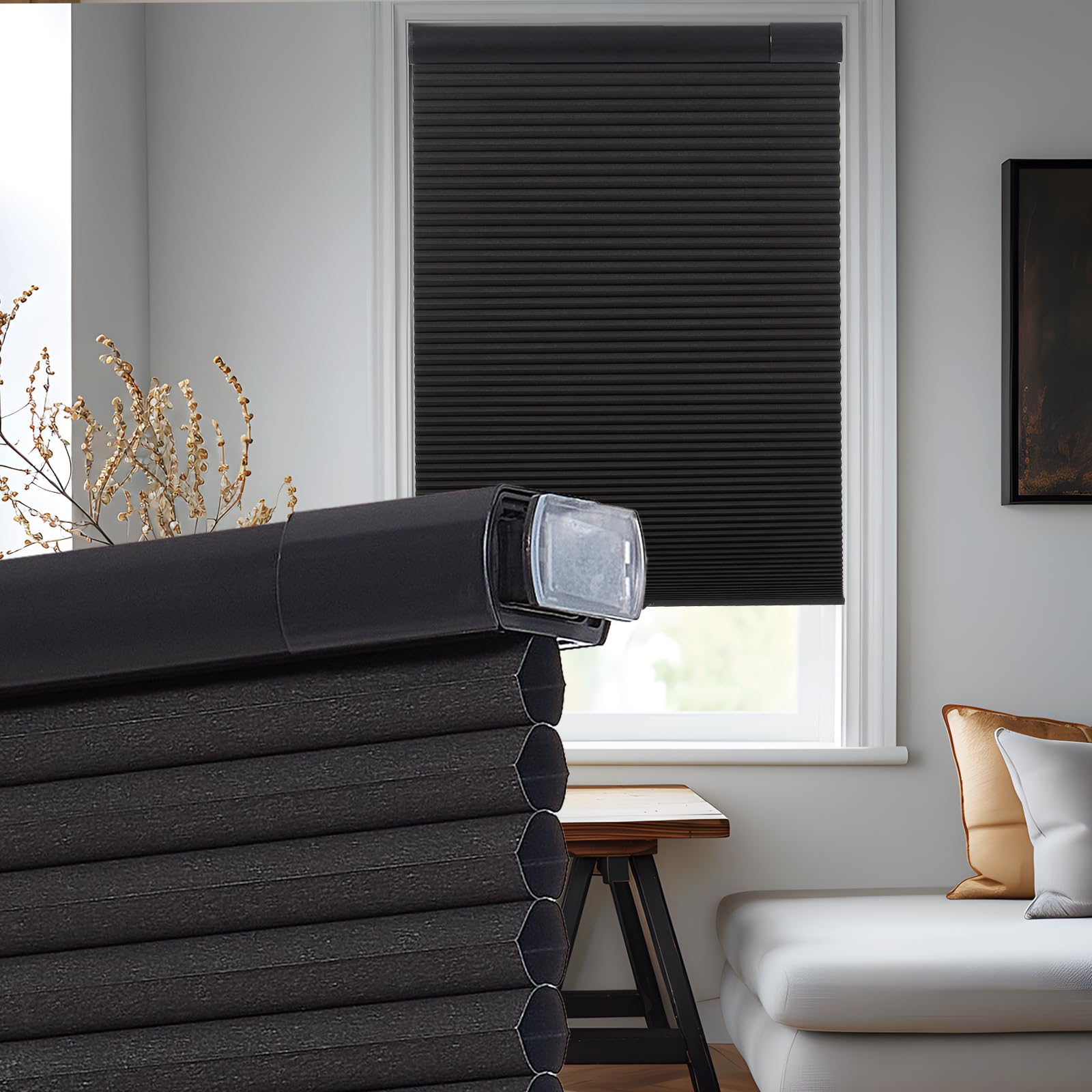 Upgrade No Drill No Tools Cellular Shades for Indoor Windows 38mm Honeycomb Blinds Cordless Free Stop Blinds for Windows Black Color Blackout 35" WX64 H