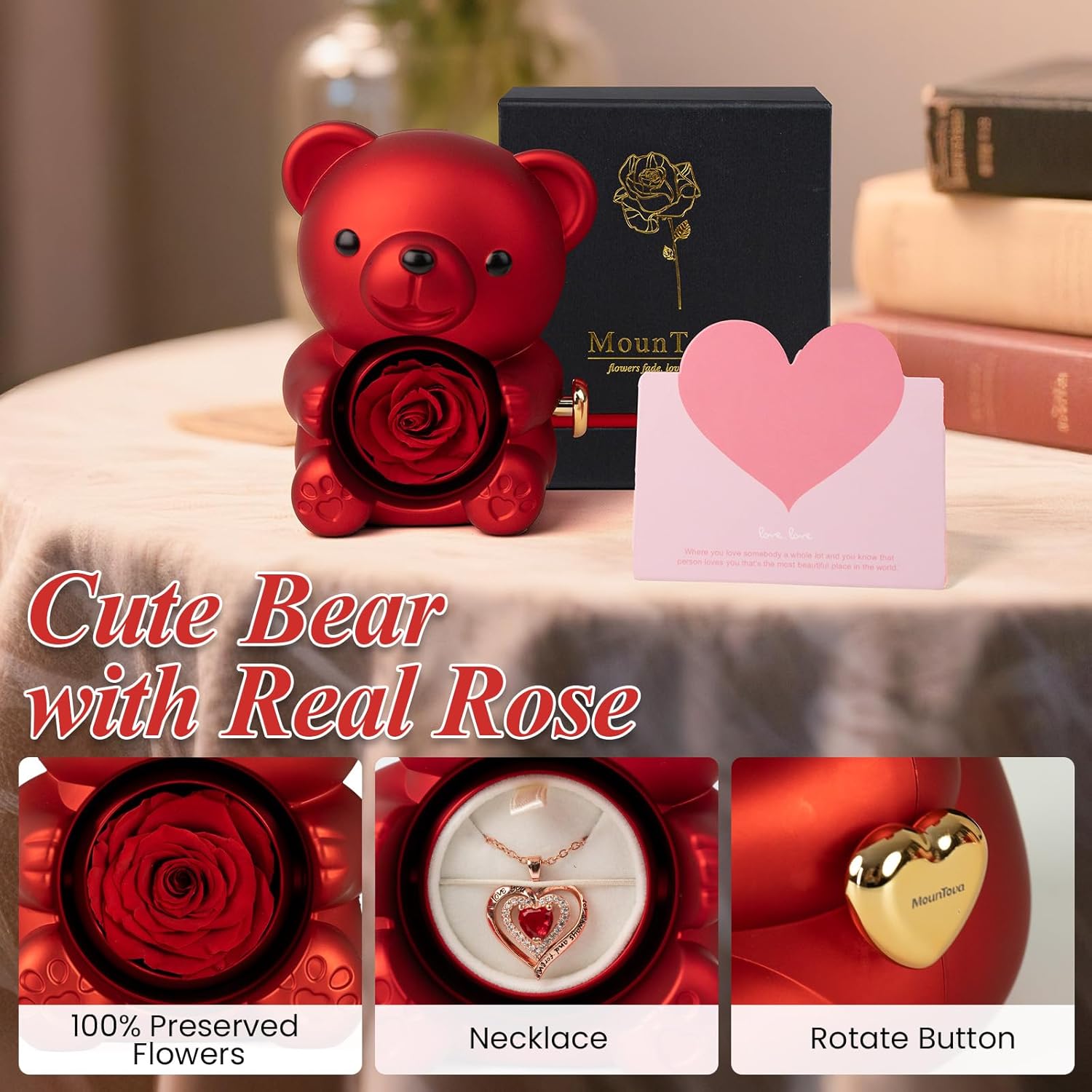 Romantic Teddy Bear with Preserved Rose, Real Rose in Elegant Gift Box with Necklace for Women, Bear Roses Gifts for Valentine's Day,Weddings,Mother's Day,Anniversary,Birthday,Christmas, Red - Image 3