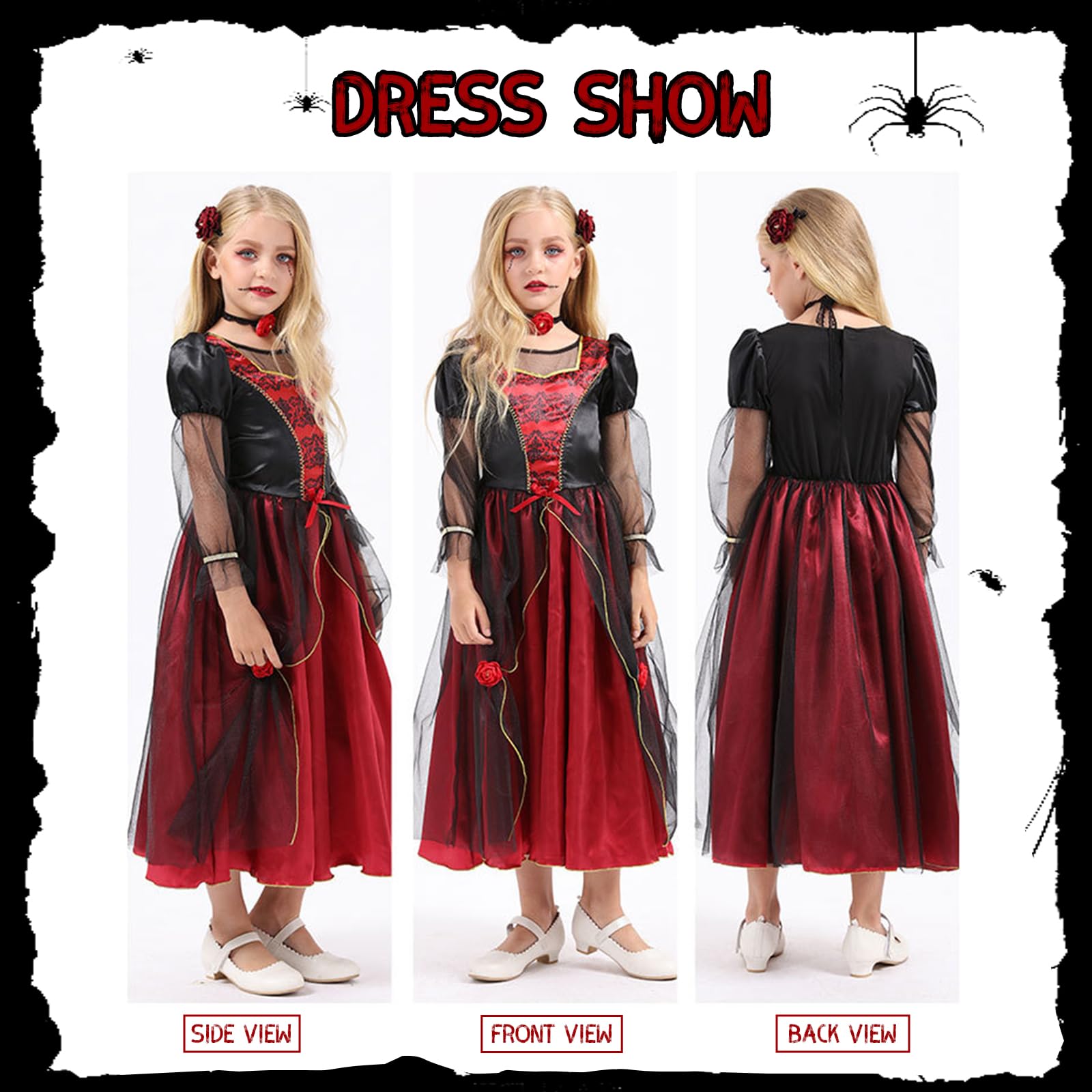 Clundoo Kids Vampire Costume - Girls Dress for Role-Playing, Carnival Cosplay & Vampire-Themed Party (M), 120, 4-5 Years - Image 3