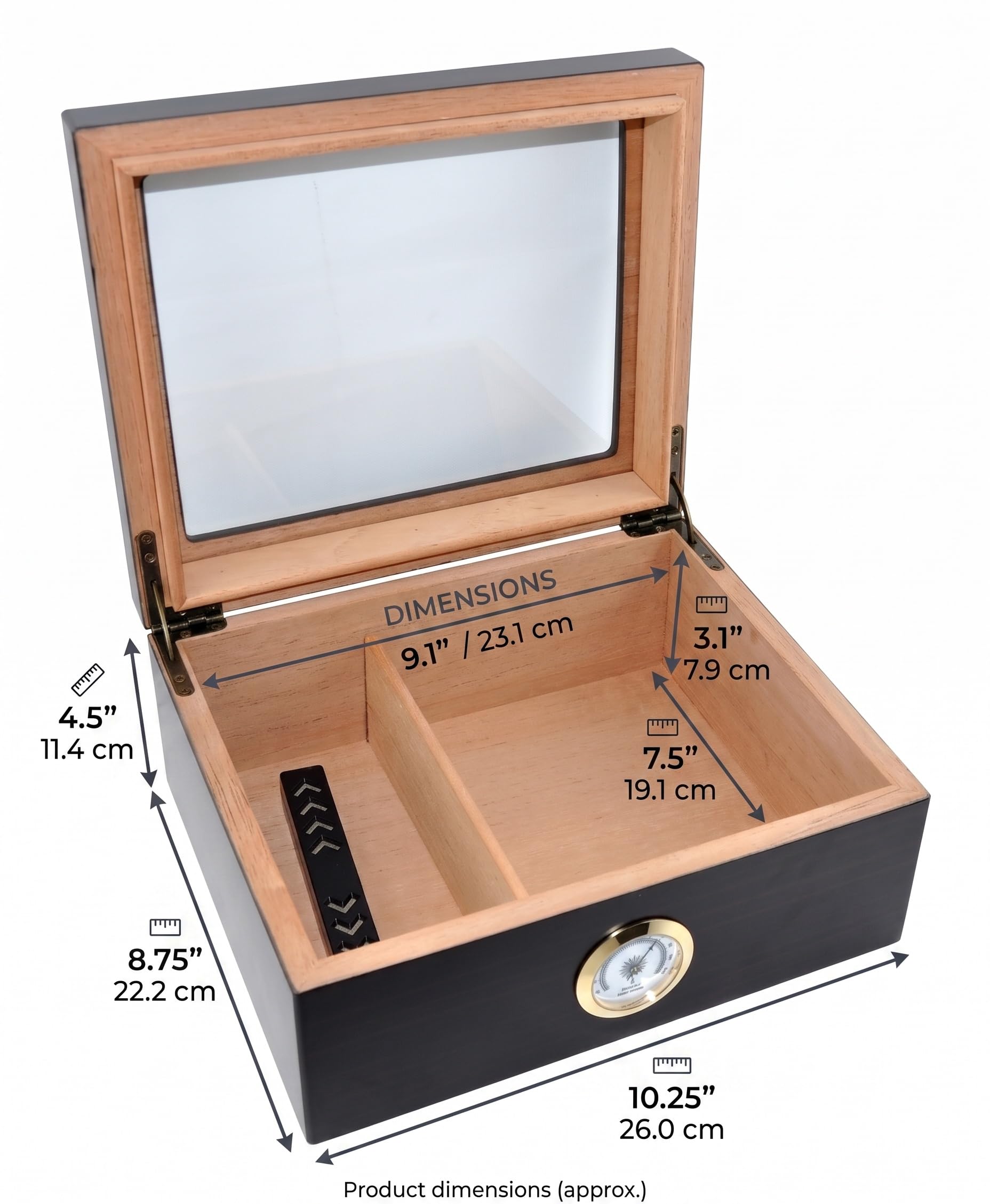 Humidor de Puros Classic Desk con Capacidad para 25-50 cigarros, Caja de Almacenamiento de Madera de Cedro Español Hecha a Mano con Separador, Humidificador e Higrómetro,Negro
