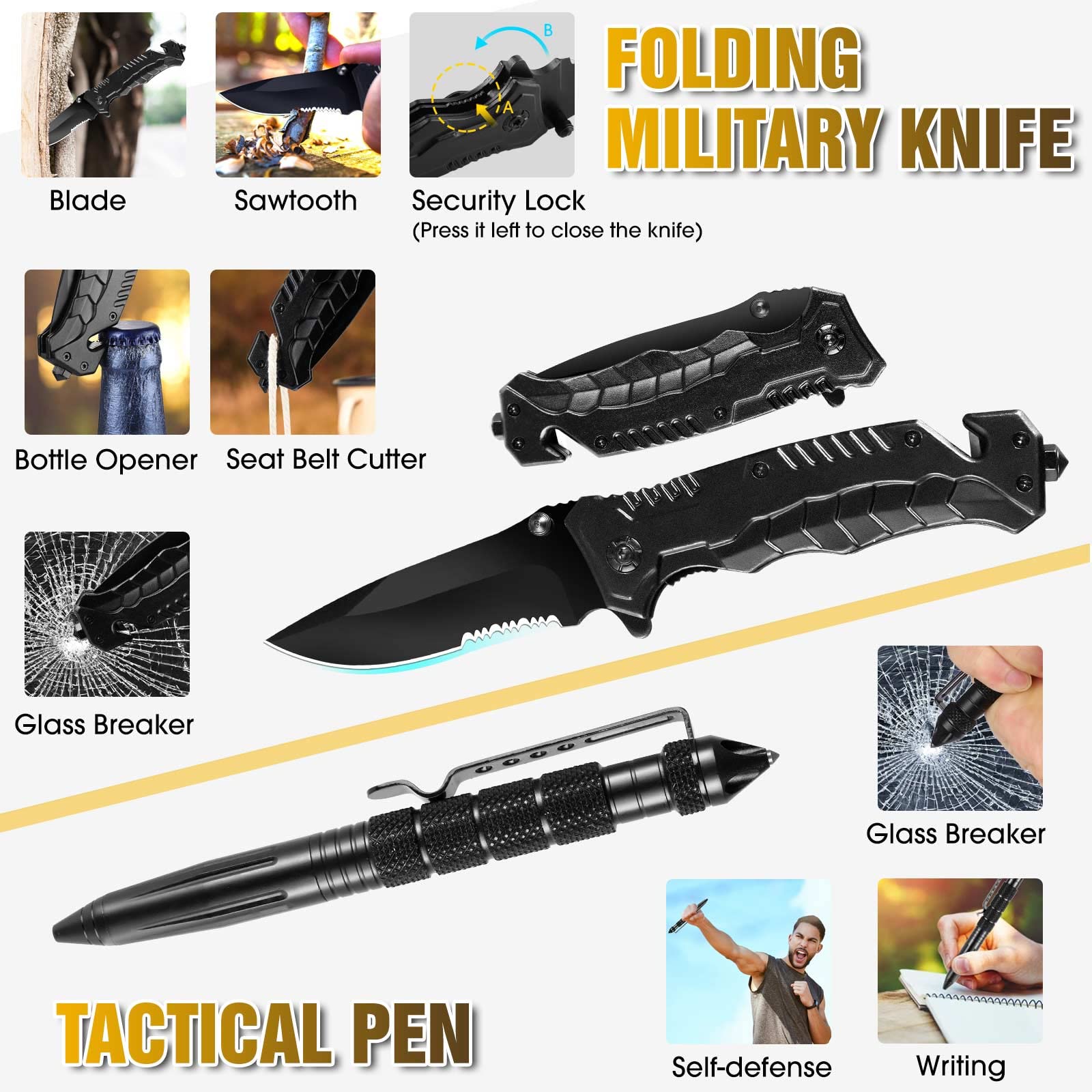 Kit sopravvivenza 14 in 1 campeggio Accessori di emergenza, regali per uomini, papà, strumenti di sopravvivenza professionali, regali di compleanno di Natale, idee per il campeggio, pesca, caccia