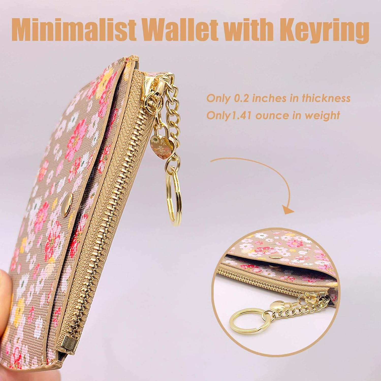 Coin Purse Wallet with Keyring, Small Zipper Pouch, Credit Card Holder, Taupe with Pink and Yellow Flowers (Taupe) - Image 8