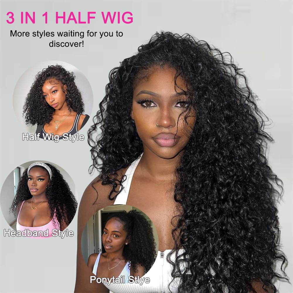 Parrucca riccia con capelli umani 3 in 1, senza cuciture, senza colla, con coulisse, densità 200, parrucca per principianti per donne nere, onda profonda, colore naturale 71 cm