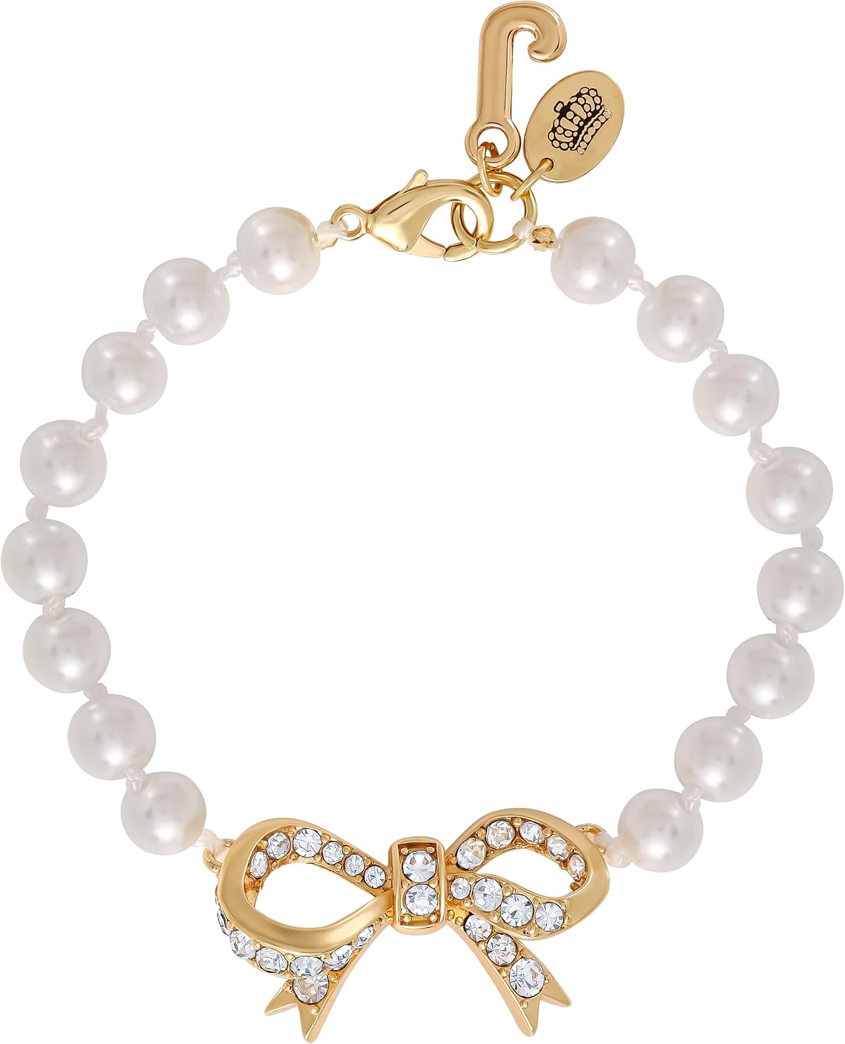 Juicy Couture Womens Faux Pearl Bow Bracelet with Clear Stones, 7.5" Gold-Tone Bow Pendant Bracelet