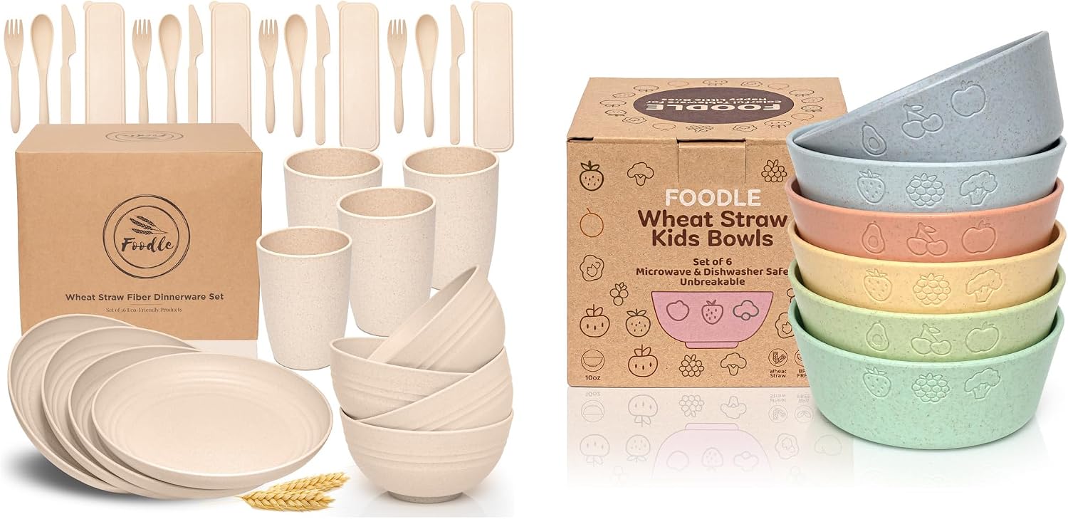 FOODLE Wheat Straw Dinnerware Set for 4 + 6pcs Wheat Straw Kids Bowls - Microwave & Dishwasher Safe - BPA Free and Non Toxic