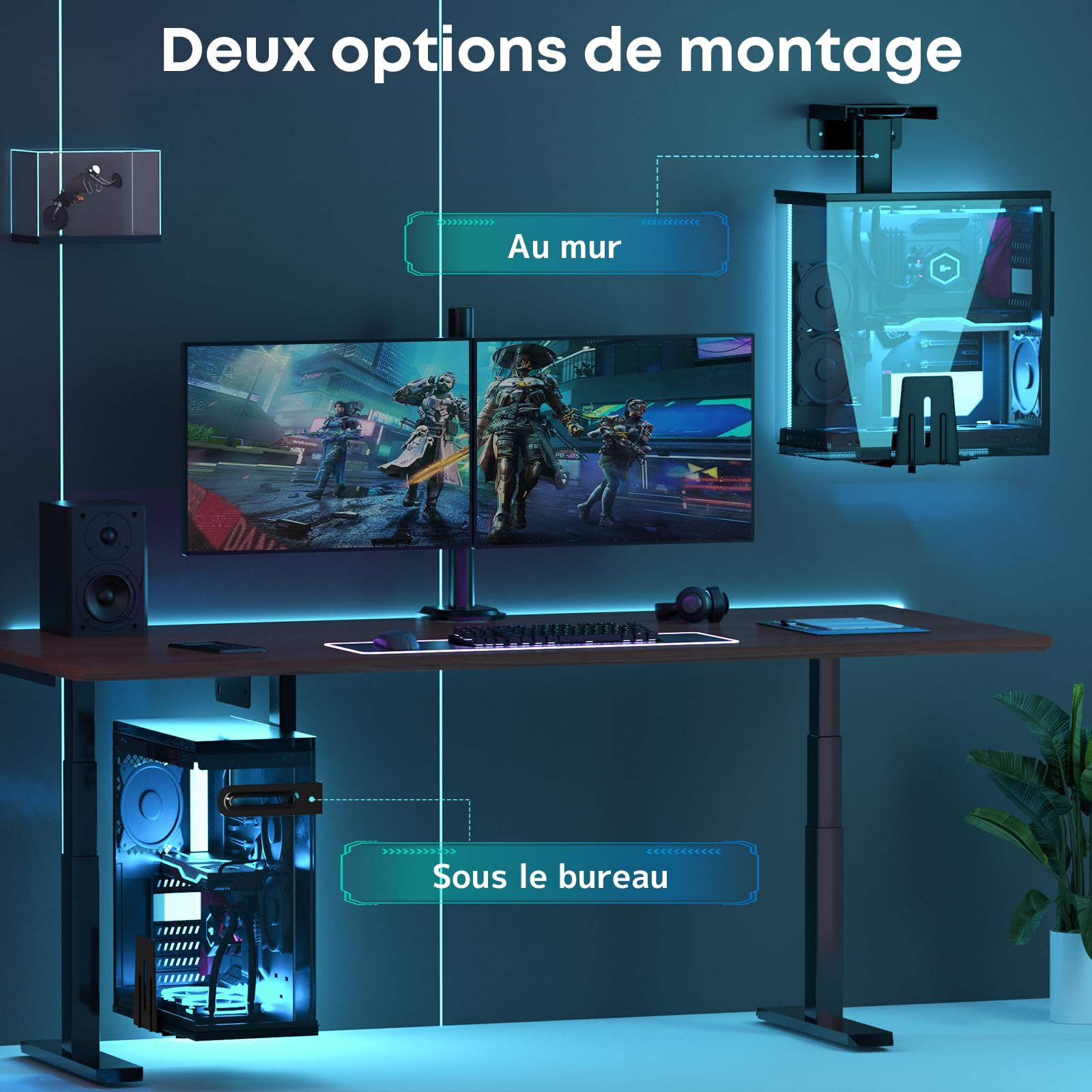 Support PC sous Bureau & Mural pour Boîtier Ordinateur, Ajustable Robuste 30 kg, Rotation 360°, Noir
