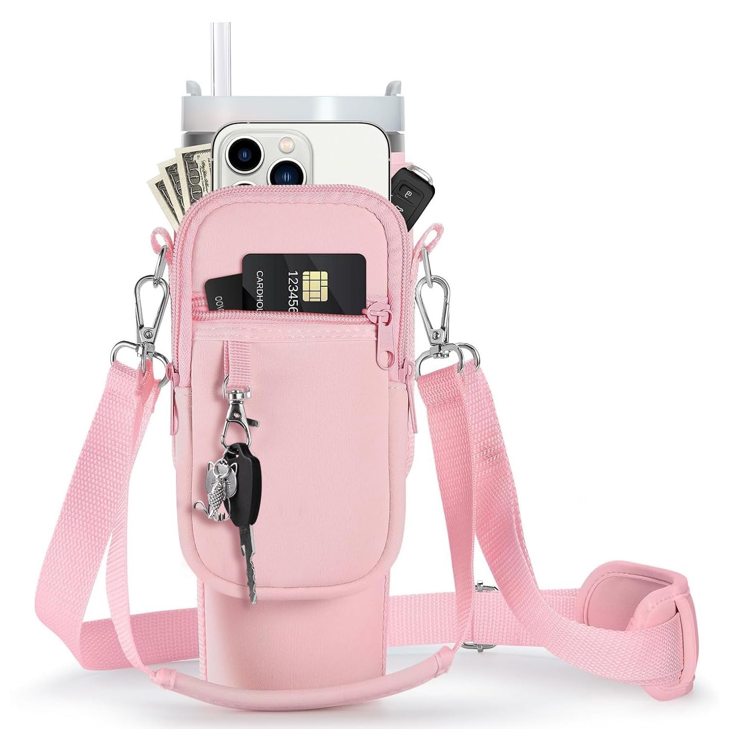 STAYOUNG Water Bottle Handle Bag, with Phone Pocket, Compatible with Stanley 40 oz, Adjustable Shoulder Strap Crossbody Bag and Handheld Shoulder Strap, Pendant Climbing Hook Accessories (Pink)