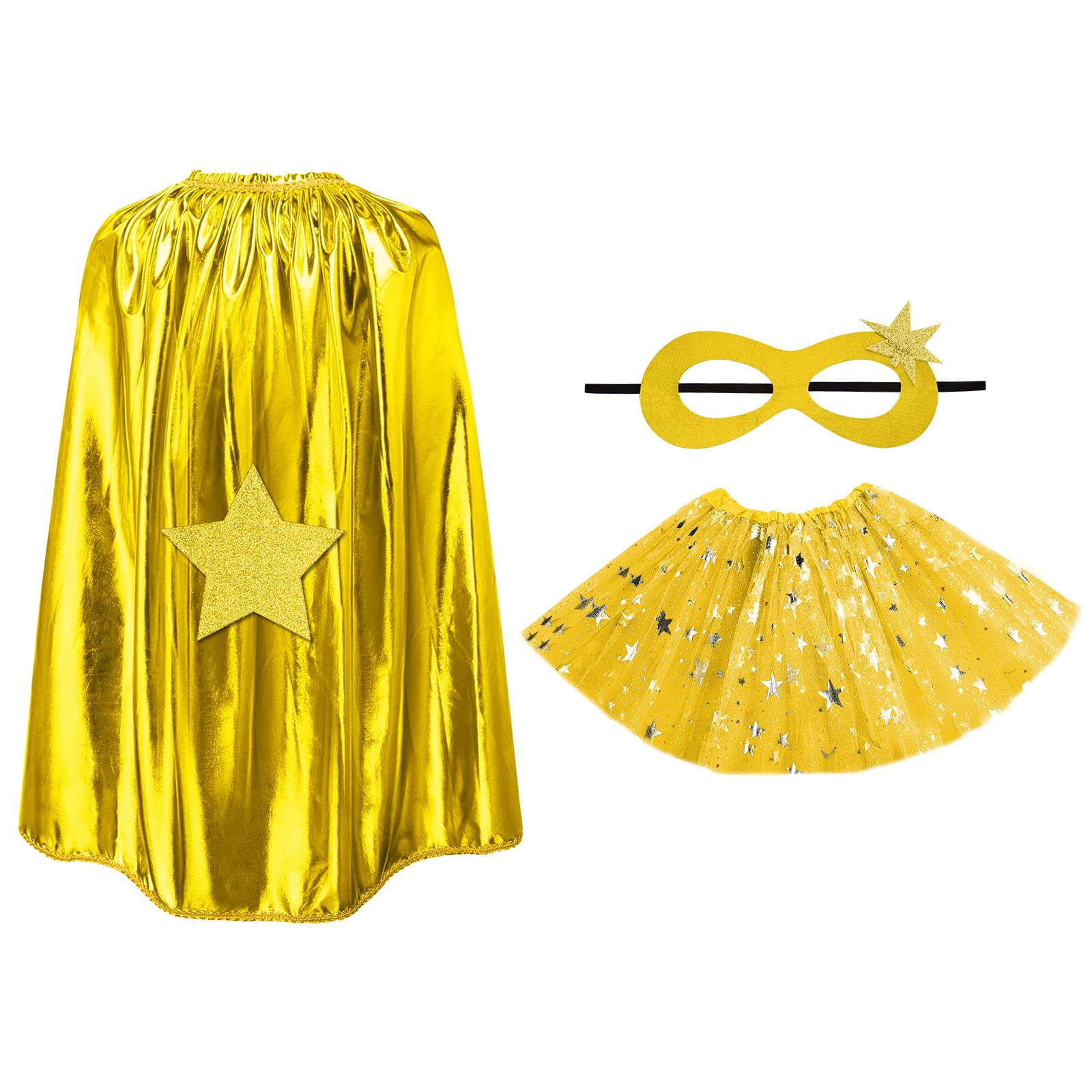 AUYAO Super-heroes Costumes Heroes Capes Kit, Kids Capes Cloak Dress Up Set with Mask Tutu Ballet Dance Skirt, 3Pcs Girls Princess Costumes Capes for Halloween Christmas Birthday Party(Yellow)