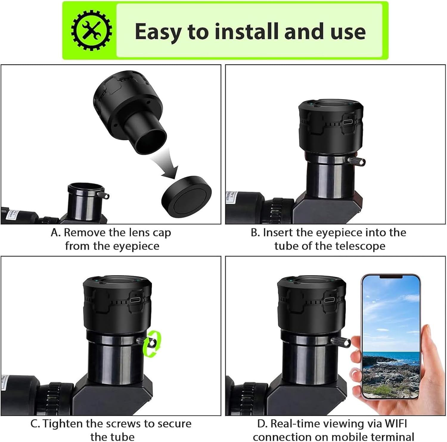 Zopsc WiFi Electronic Eyepiece, Telescope Camera with 4K CMOS Sensor, 6H Battery Life, 802.11ac Wireless, for Astronomy Birdwatching, Fits 1.25 Inch Telescopes