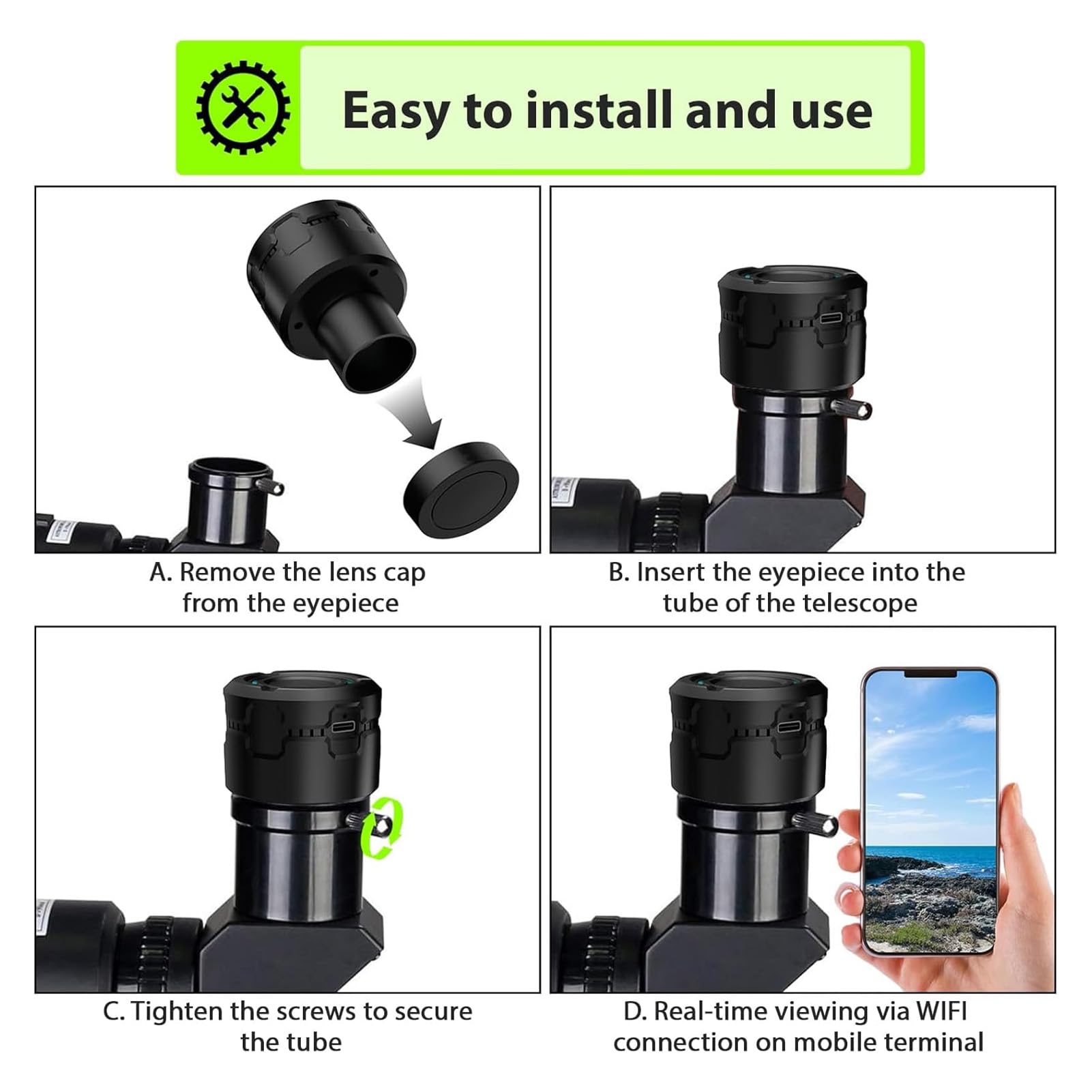 OCCELO ELETTRONICO Wifi, Registrazione Video 4K 5MP Wireless Oculare Digitale Wifi, Telescopi e Accessori per Microscopi, Fotocamera Portatile per Spottst Watching