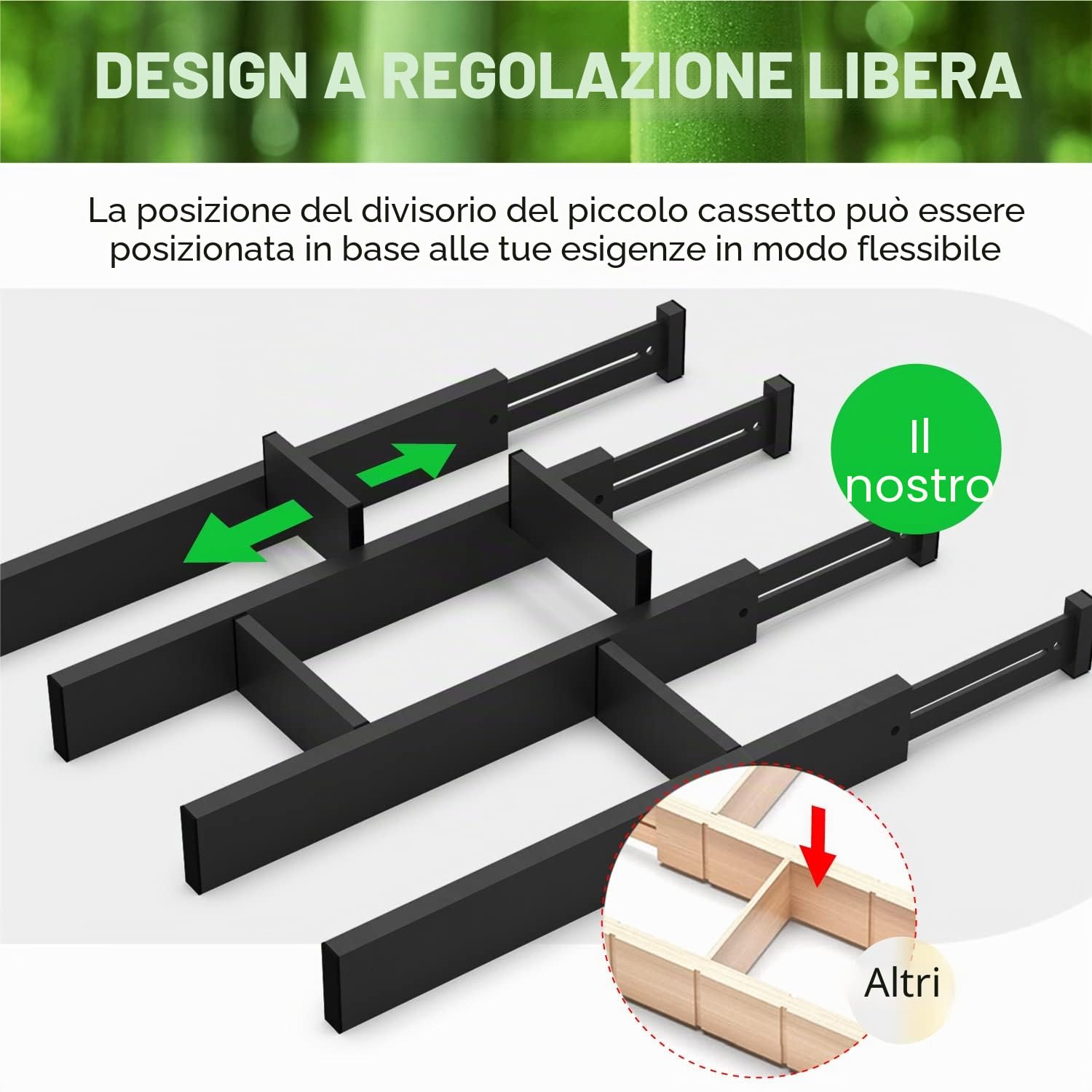 ANTOWIN Separatore per cassetti regolabile in bambù (43-56 cm), organizer per cassetti, a molla, cucina, comò, bagno, camera da letto, cassetto, scrivania (nero)