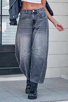 GREAIDEA Mid Rise Barrel Jeans for Women Wide Leg Mid Waist 