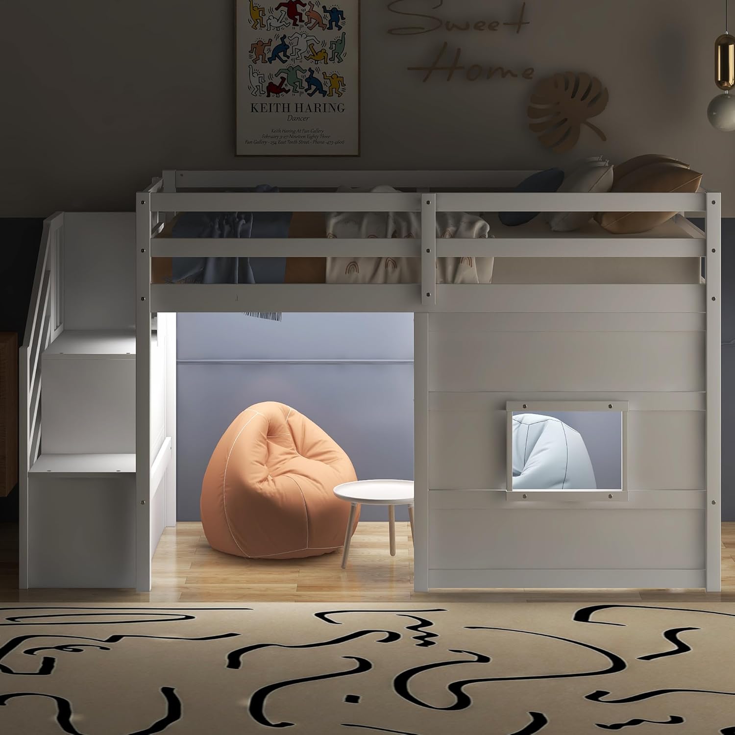 Twin Size Low Loft Bed with Stairs, Kids Loft Bed with Storage,Solid Wood Twin Loft Bed Frame for Kids, Space Saving Low Loft Bed for Boys, Girls, White