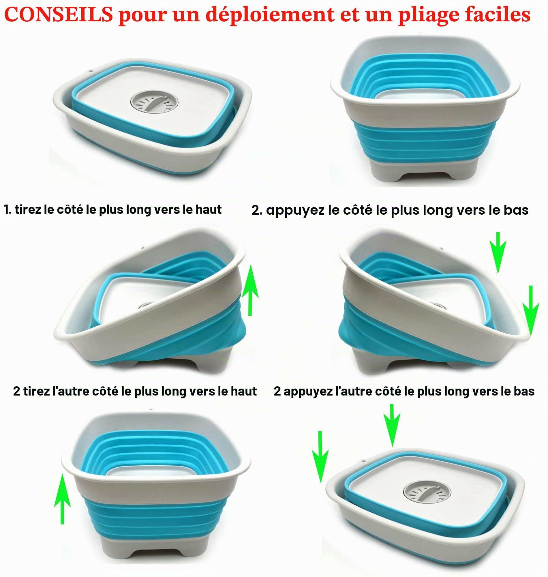 SAMMART Bassine à vaisselle pliable de 9,1 l, avec bouchon de vidange - Lavabo pliable - Bac de rangement de cuisine pour économiser de l’espace (Gris/Bleu vif)